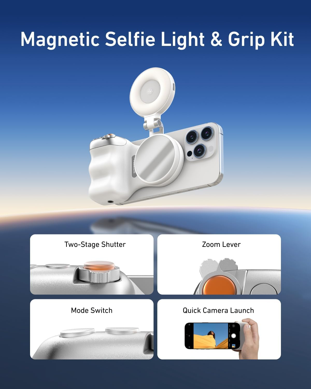 Creator Kit - Fun Shot Magnetic Phone Camera Grip + C03 Magnetic Selfie Light (White)Bundle Kit Compatible with Iphone Magsafe & Android Selfies/Photography/Tiktok/Zoom Calls/Video Conference